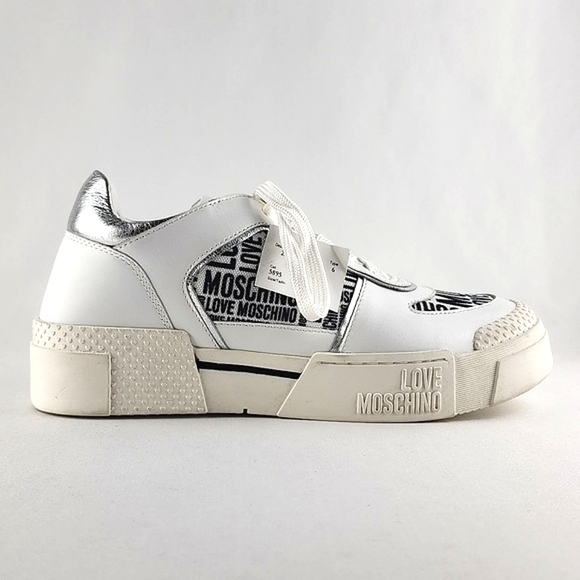 LOVE MOSCHINO Women's White Leather Low Top Trainers Sneakers Logo Fabric Sz 40 - Picture 2 of 16